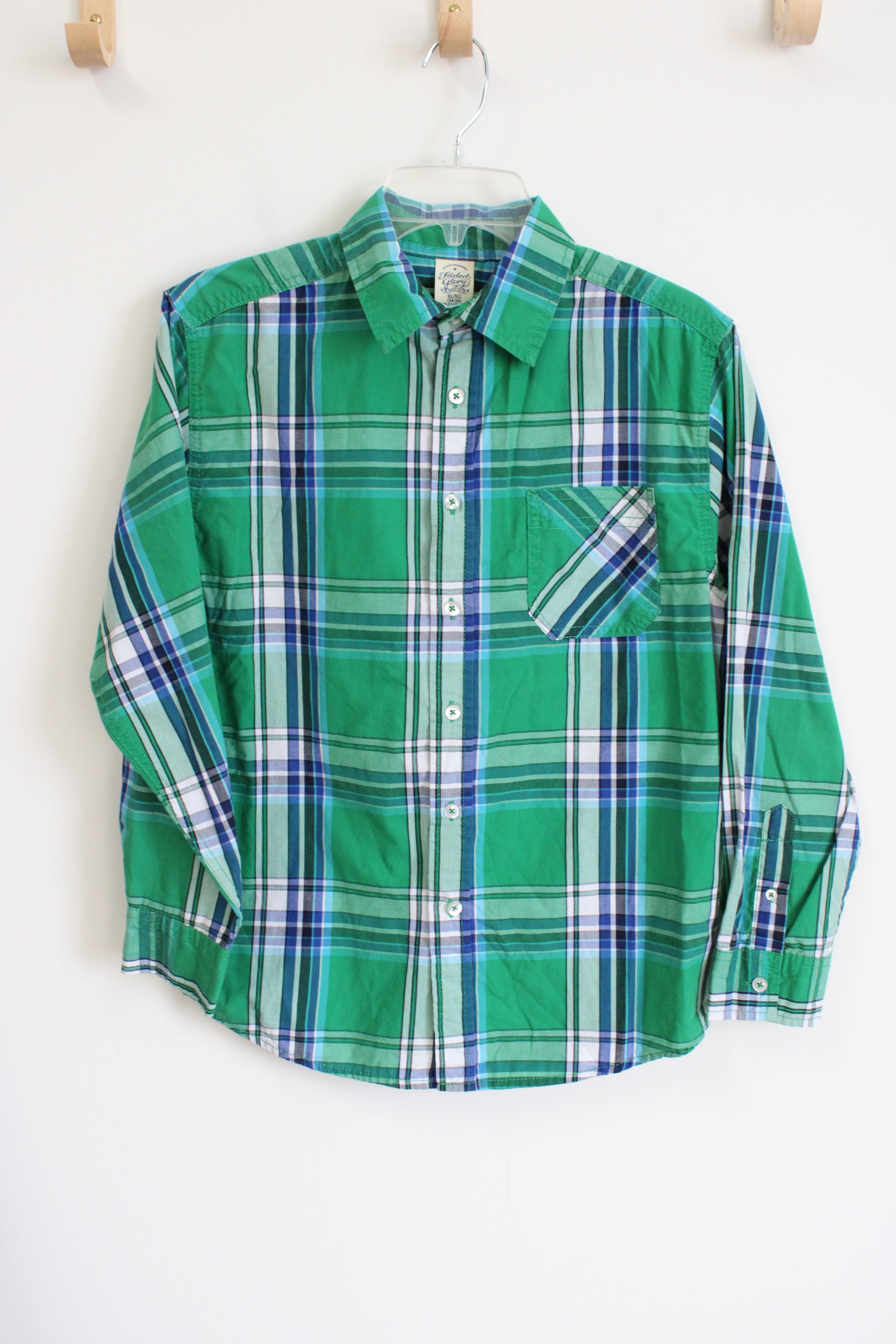 Faded Glory Green Plaid Button Down Shirt | 14/16