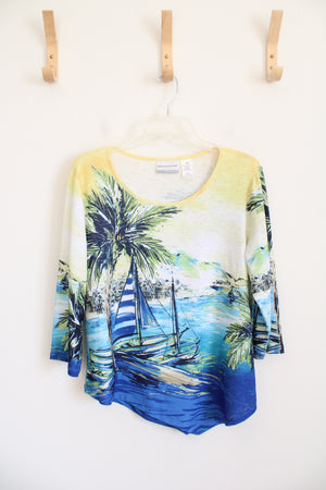 Alfred Dunner Blue & Yellow Sailboat Island Scene Top | M Petite