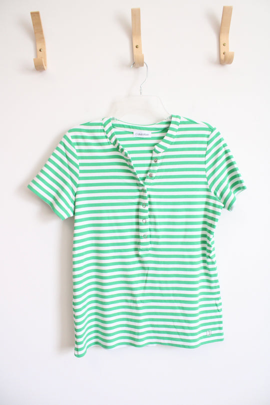 Calvin Klein Green & White Striped 1/2 Button Down Top | M