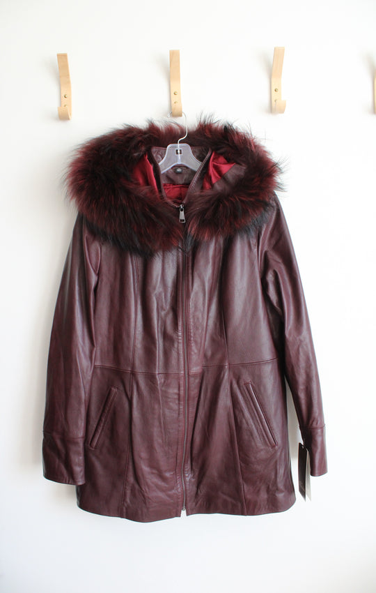 NEW Overland Anna Hooded Maroon Bordeaux Goatskin Leather Jacket | XL