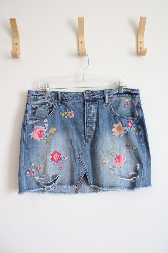 American Eagle Embroidered Colorful Floral Mini Denim Skirt | 14