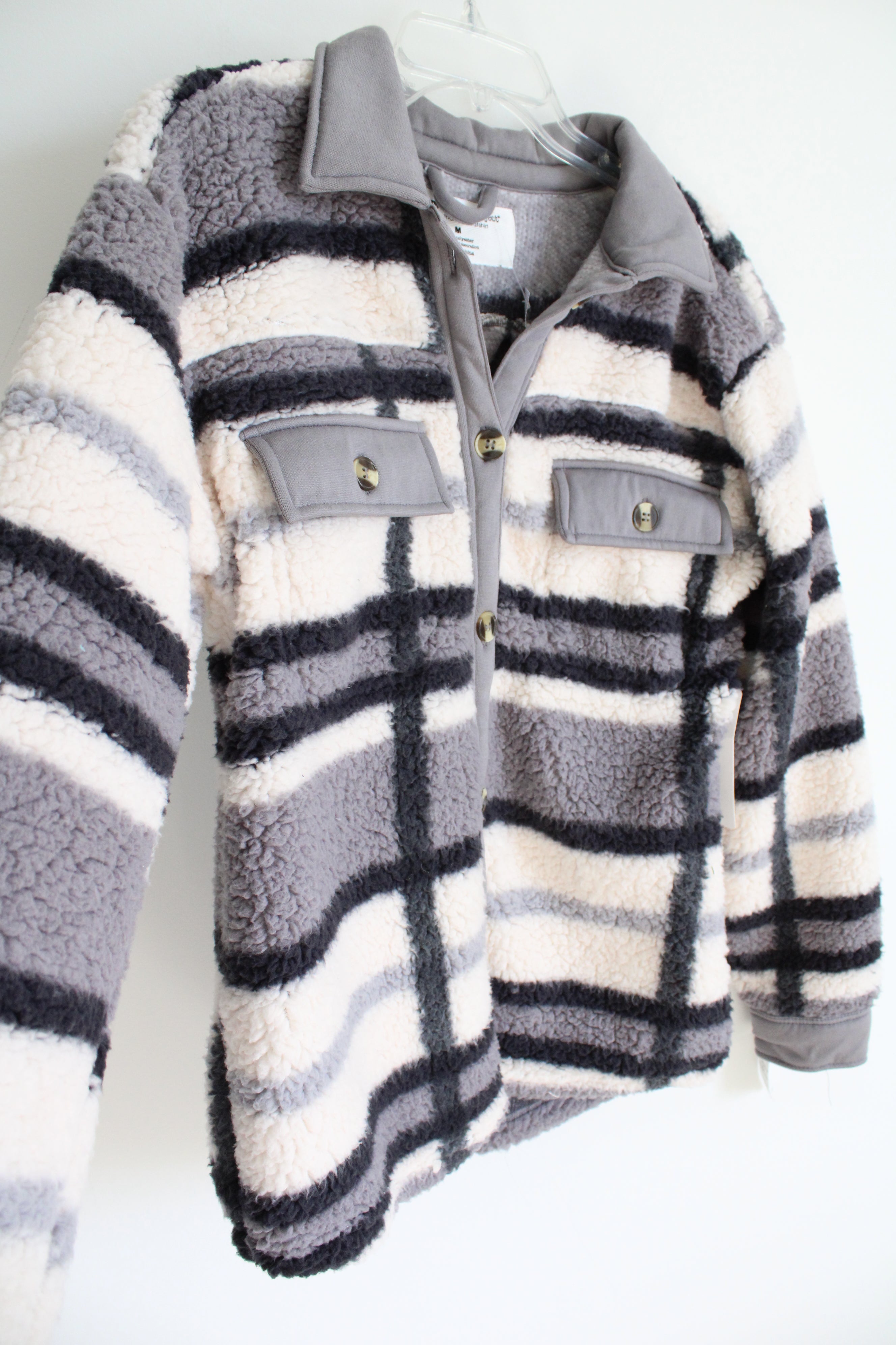 NEW The Sweatshirt Project Gray White Plaid Sherpa Button Down | M