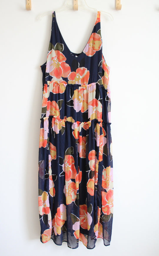 Maurices Navy Blue Orange Floral Chiffon Maxi Dress | 2X