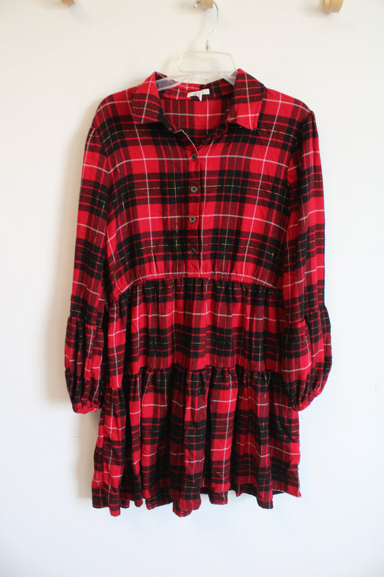 Maurices Red Black Gold Shimmer Tiered Flannel Dress | L