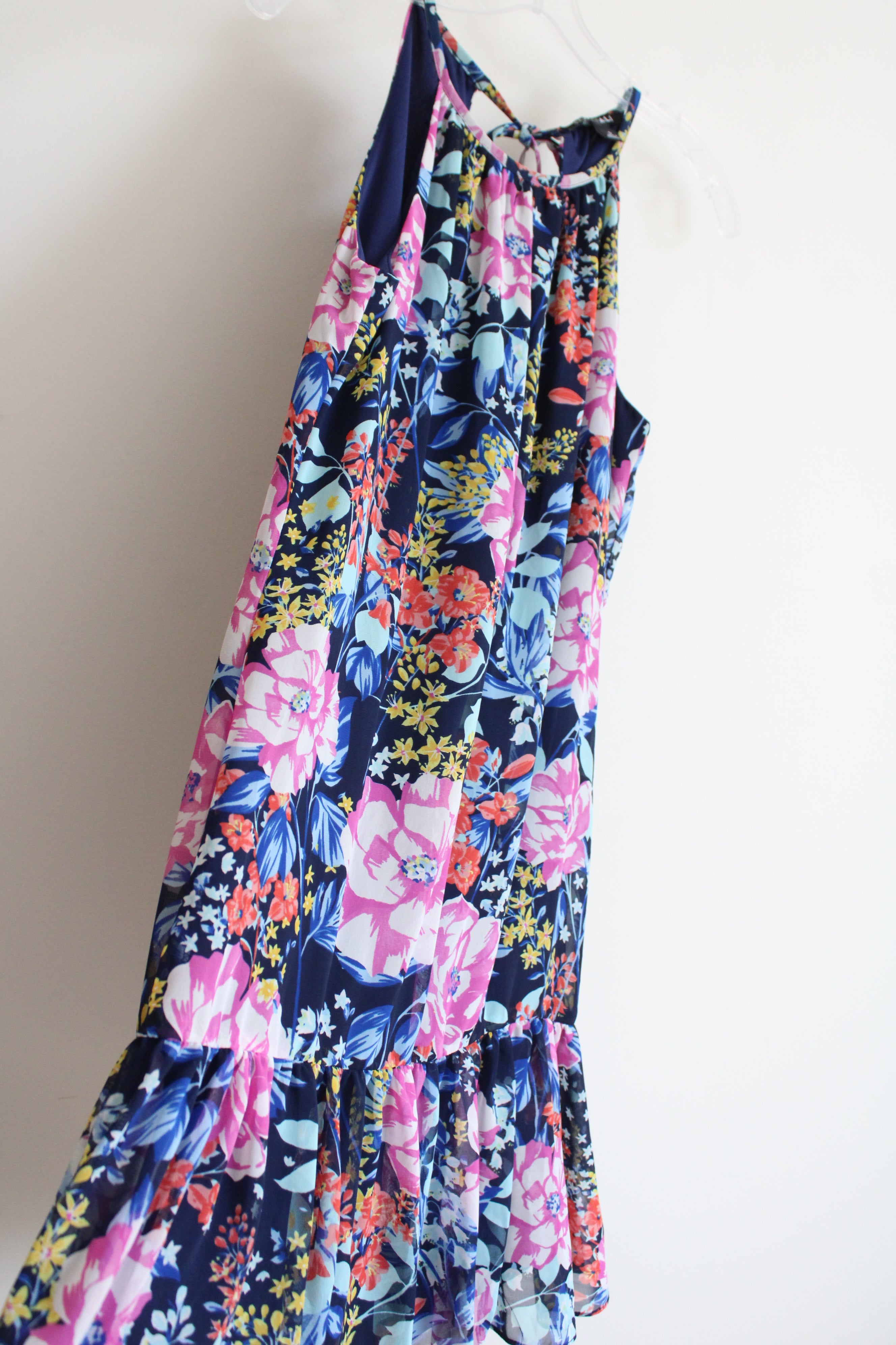 Roz & Ali Navy Blue Floral Chiffon Dress | S