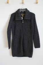 NEW Inis Crafts Ireland Gray Knit Long Zip Up Merino Wool Cardigan | M