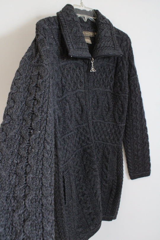 NEW Inis Crafts Ireland Gray Knit Long Zip Up Merino Wool Cardigan | M