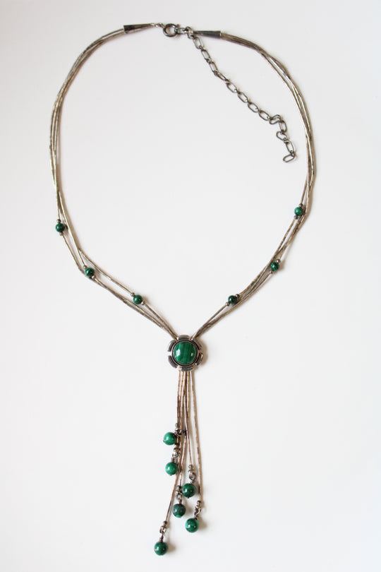 Malachite Sterling Silver Liquid Beaded Tassel Necklace
