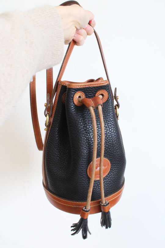Dooney & Bourke Vintage Black & Brown Leather Drawstring Bucket Bag