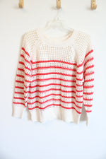 Sonoma White & Coral Striped Crocheted Sweater | 0X