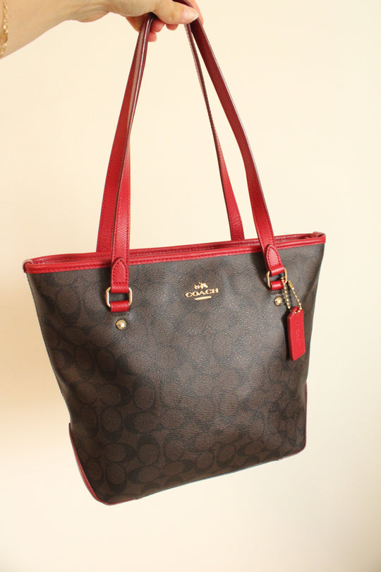 Coach Signature Brown Monogram Zip Top Tote Handbag