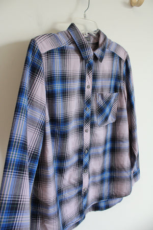 Eddie Bauer Classic Fit Purple & Blue Plaid Button Down Shirt | L