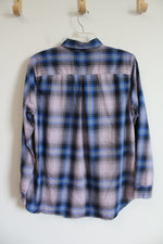 Eddie Bauer Classic Fit Purple & Blue Plaid Button Down Shirt | L