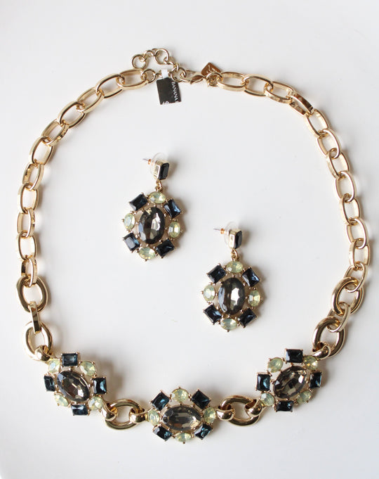 NEW Banana Republic Green Blue Gray Stone Gold Tone Statement Necklace & Earring Set