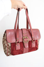 Coach Signature Brown & Burgundy Suede & Leather Satchel