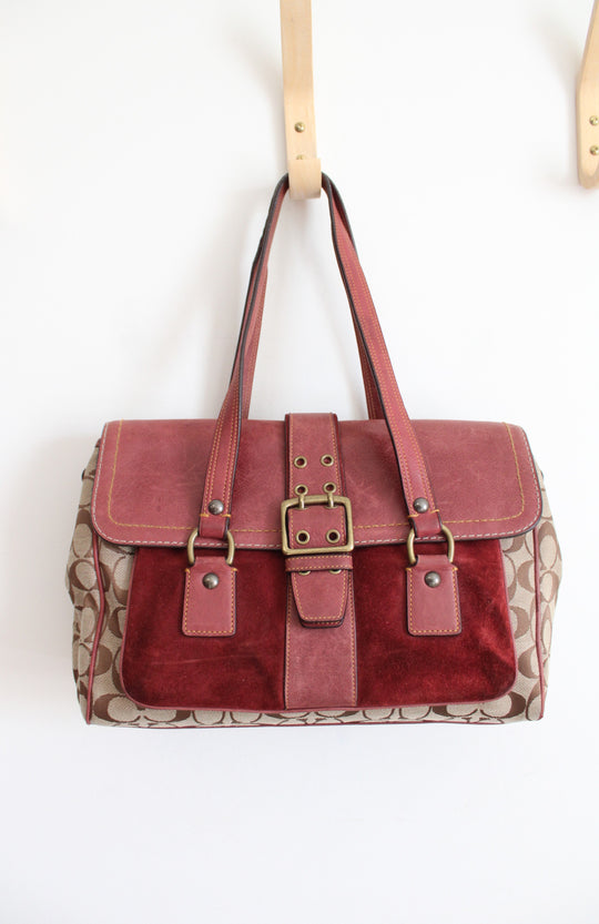 Coach Signature Brown & Burgundy Suede & Leather Satchel