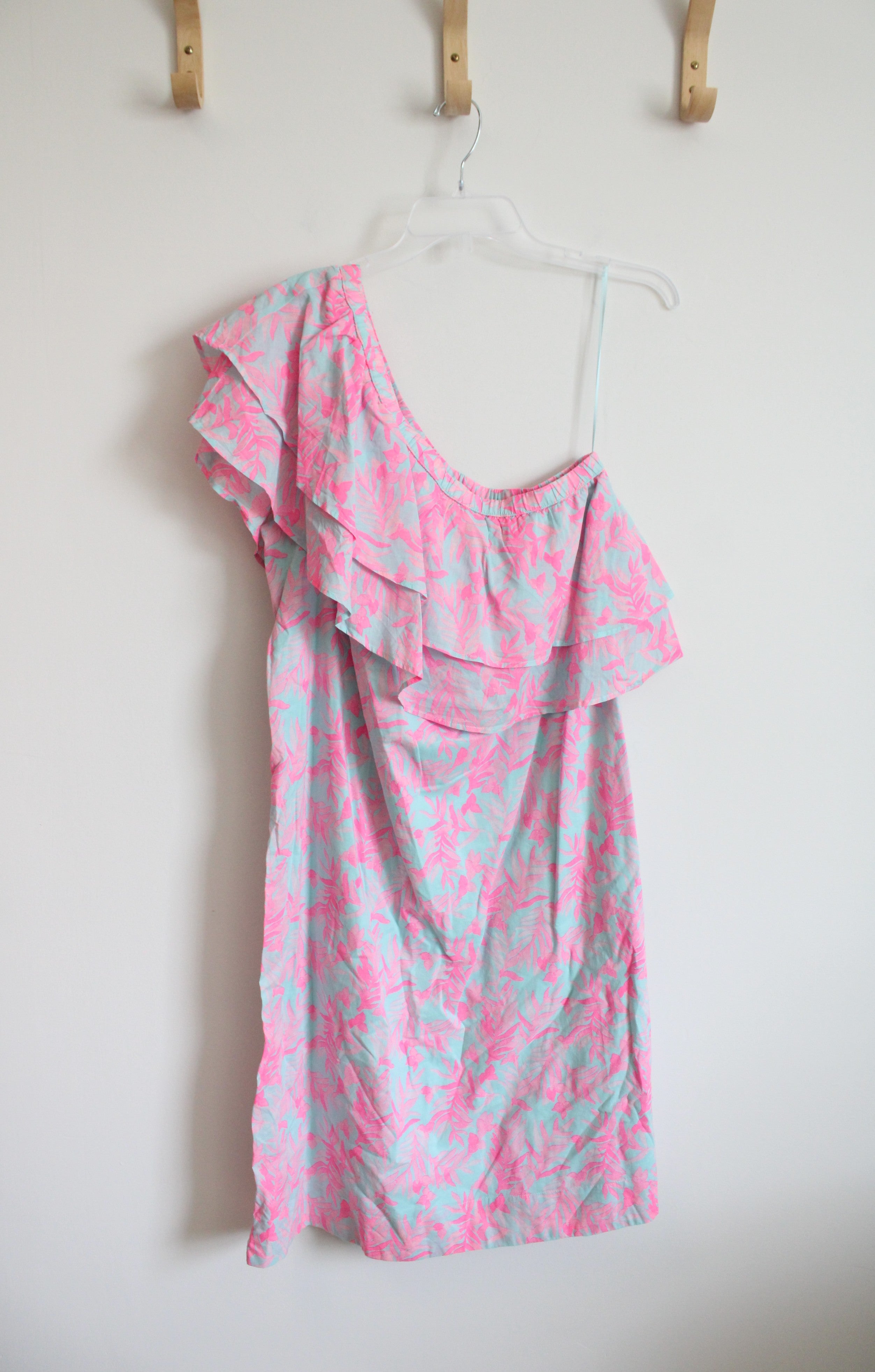 vineyard vines one shoulder dress VINEYARD VINES Silk Blend Ruffle One-Shoulder Dress Blue Palm Leaf Size 2 $198