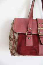 Coach Signature Brown & Burgundy Suede & Leather Satchel
