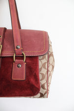 Coach Signature Brown & Burgundy Suede & Leather Satchel