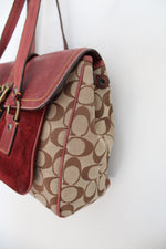 Coach Signature Brown & Burgundy Suede & Leather Satchel