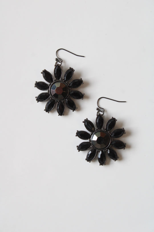 Black Metal Flower Design Dangle Earrings