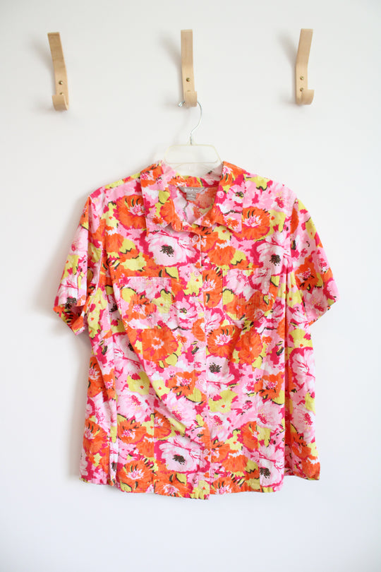 White Stag Pink & Orange Floral Button Down Top | 2X