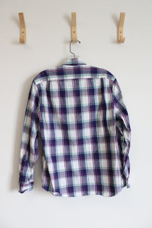 J.Crew Purple Teal & White Plaid Slim Untucked Flex Washed Button Down Shirt | S
