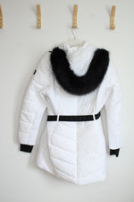 NEW Michael Kors White Faux Fur Trim Quilted Puffer Coat | L