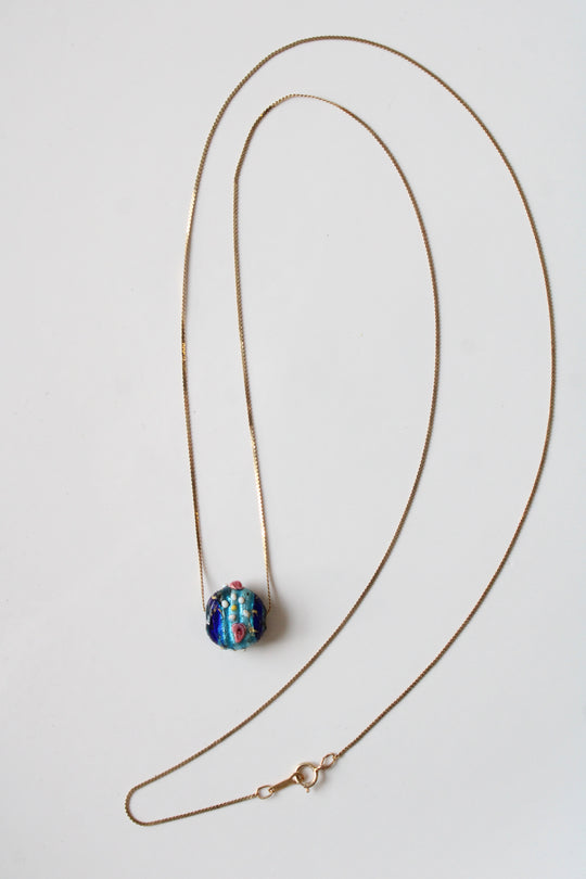 14KT Yellow Gold Blue Glass Pendant Long Necklace