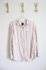 Gap Pink Blue & Yellow Striped Linen Blend Button Down Top | L
