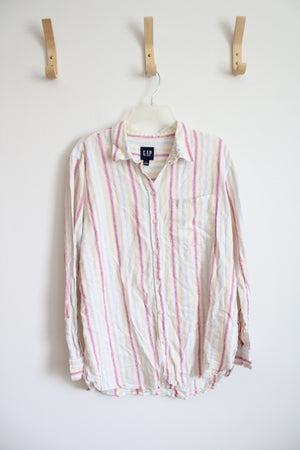 Gap Pink Blue & Yellow Striped Linen Blend Button Down Top | L