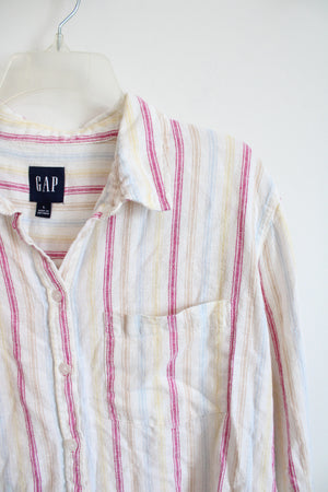 Gap Pink Blue & Yellow Striped Linen Blend Button Down Top | L