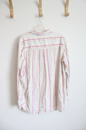 Gap Pink Blue & Yellow Striped Linen Blend Button Down Top | L
