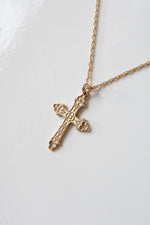 14K Yellow Gold Floral Art Nouveau Cross Necklace