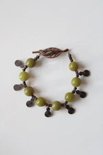 Copper Tone Green Jade Beaded Boho Leaf Toggle Bracelet