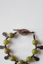 Copper Tone Green Jade Beaded Boho Leaf Toggle Bracelet
