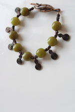 Copper Tone Green Jade Beaded Boho Leaf Toggle Bracelet
