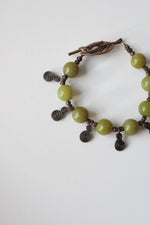 Copper Tone Green Jade Beaded Boho Leaf Toggle Bracelet