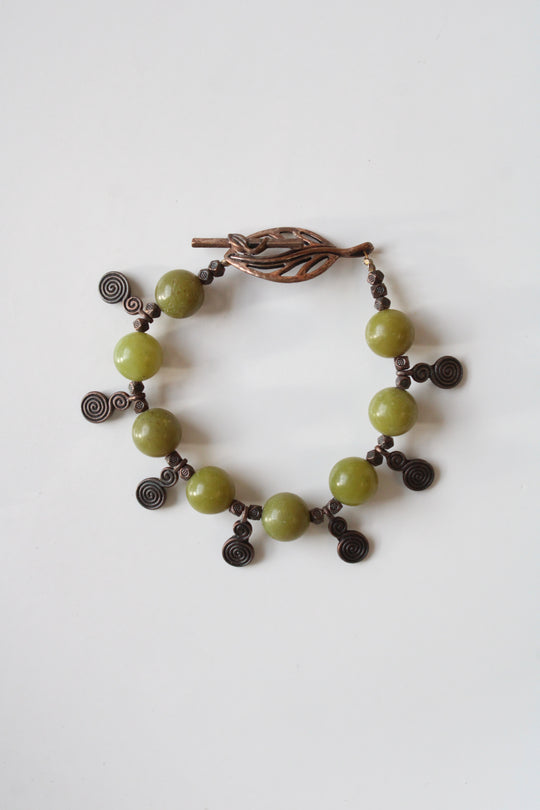 Copper Tone Green Jade Beaded Boho Leaf Toggle Bracelet