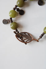 Copper Tone Green Jade Beaded Boho Leaf Toggle Bracelet