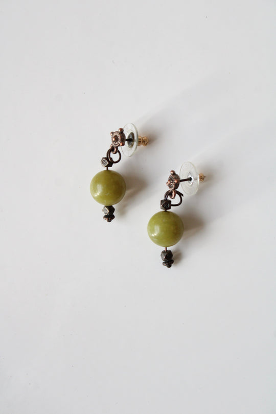 Copper Tone Metal Jade Green Bead Dangle Boho Earrings