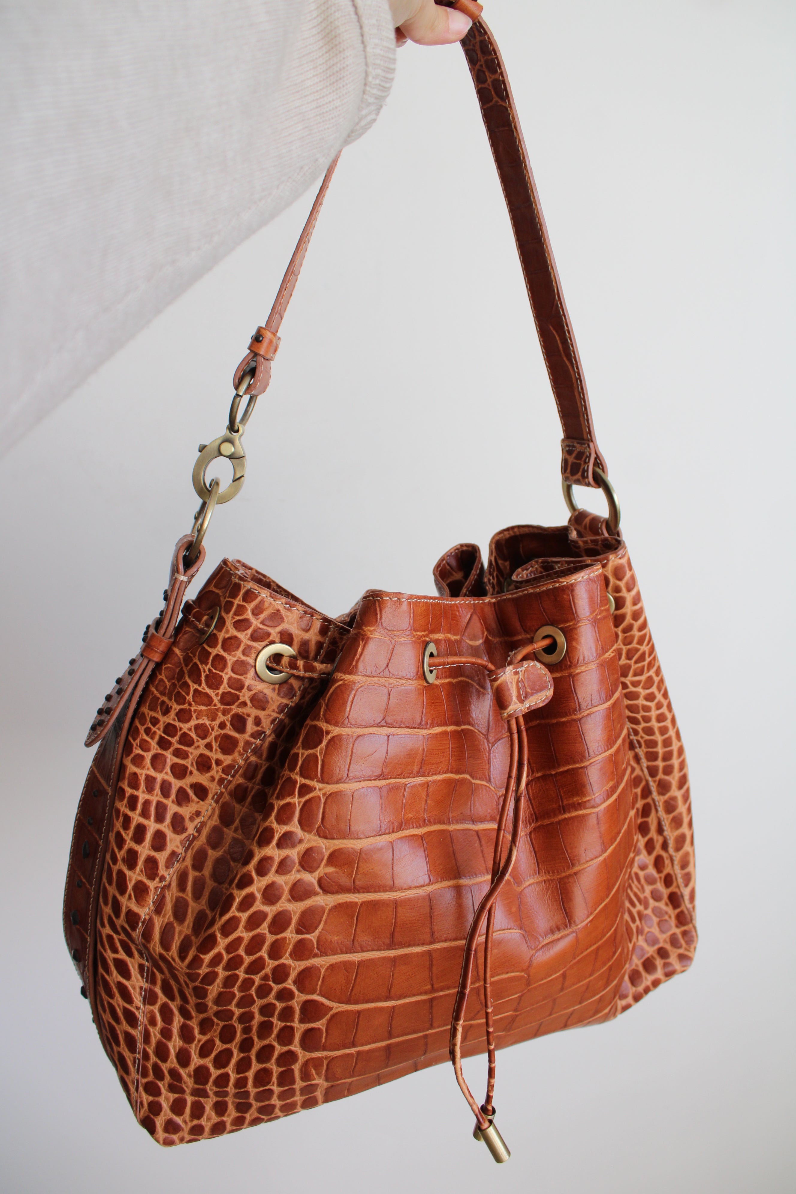 Donald J. Pliner Brown Faux Alligator Skin Leather Purse