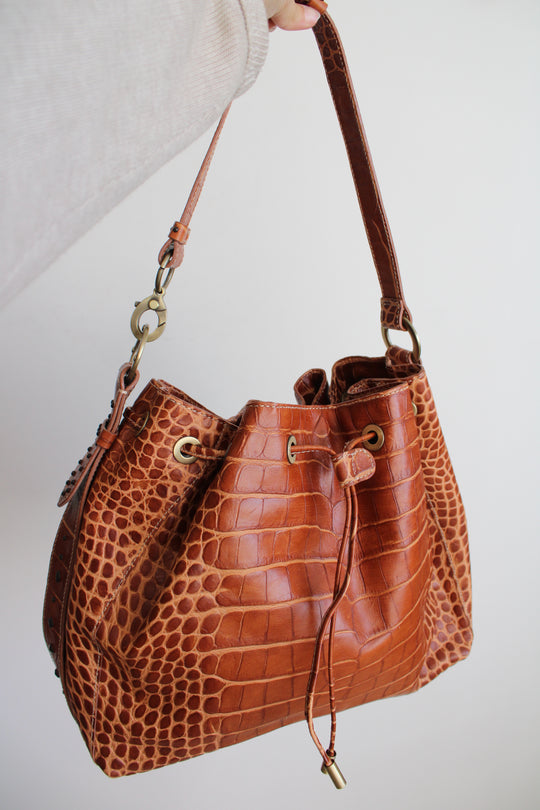 Donald J. Pliner Brown Faux Alligator Skin Leather Purse