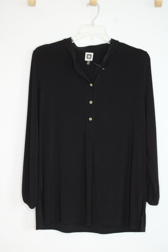 Anne Klein Black Half Button Down Blouse | L