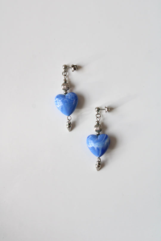 Blue Heart Beaded Silver Tone Earrings