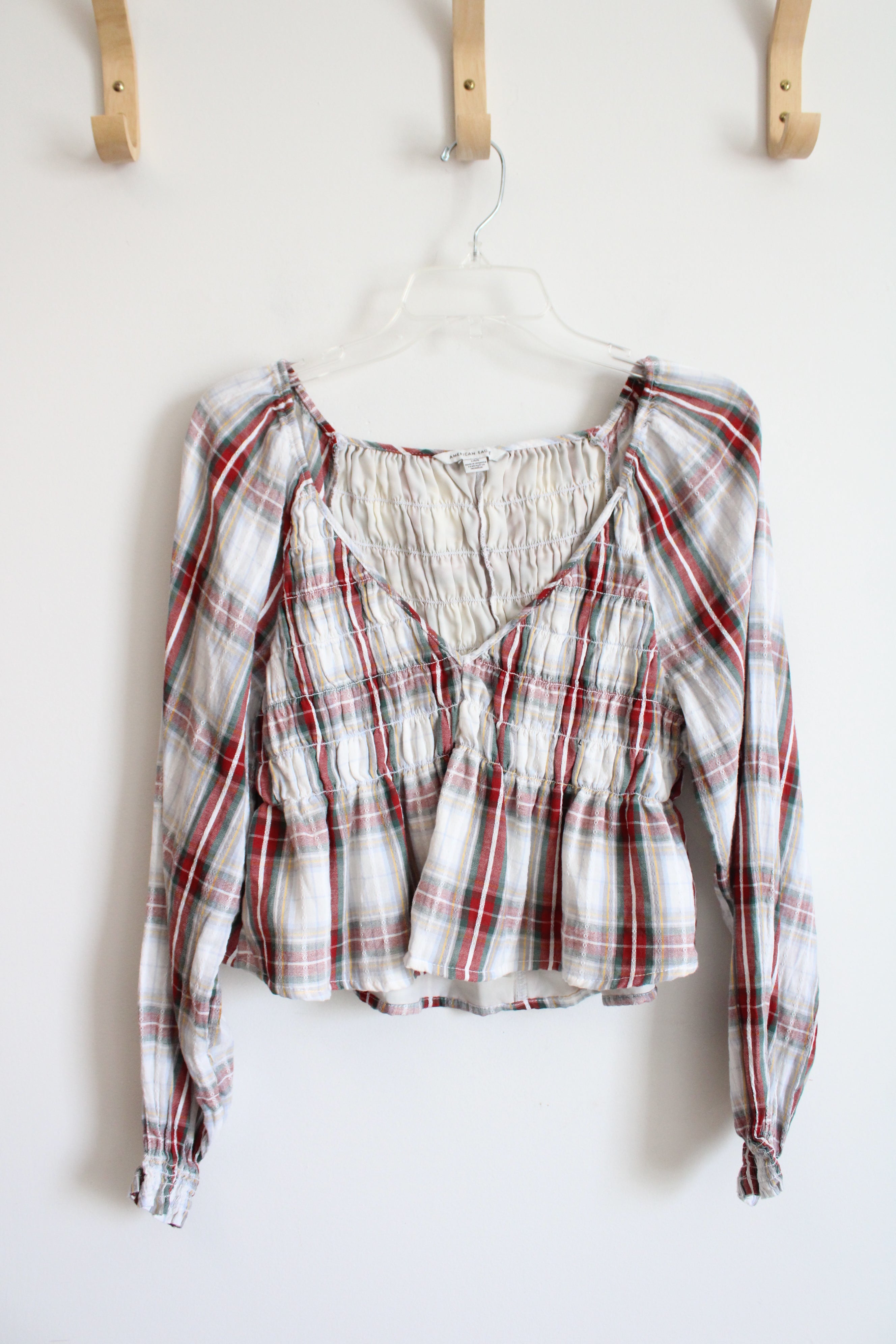 American Eagle Red Green & White Plaid Ruched Cropped Long Sleeved Top | L