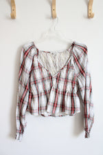 American Eagle Red Green & White Plaid Ruched Cropped Long Sleeved Top | L