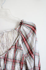 American Eagle Red Green & White Plaid Ruched Cropped Long Sleeved Top | L