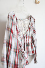 American Eagle Red Green & White Plaid Ruched Cropped Long Sleeved Top | L