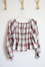 American Eagle Red Green & White Plaid Ruched Cropped Long Sleeved Top | L